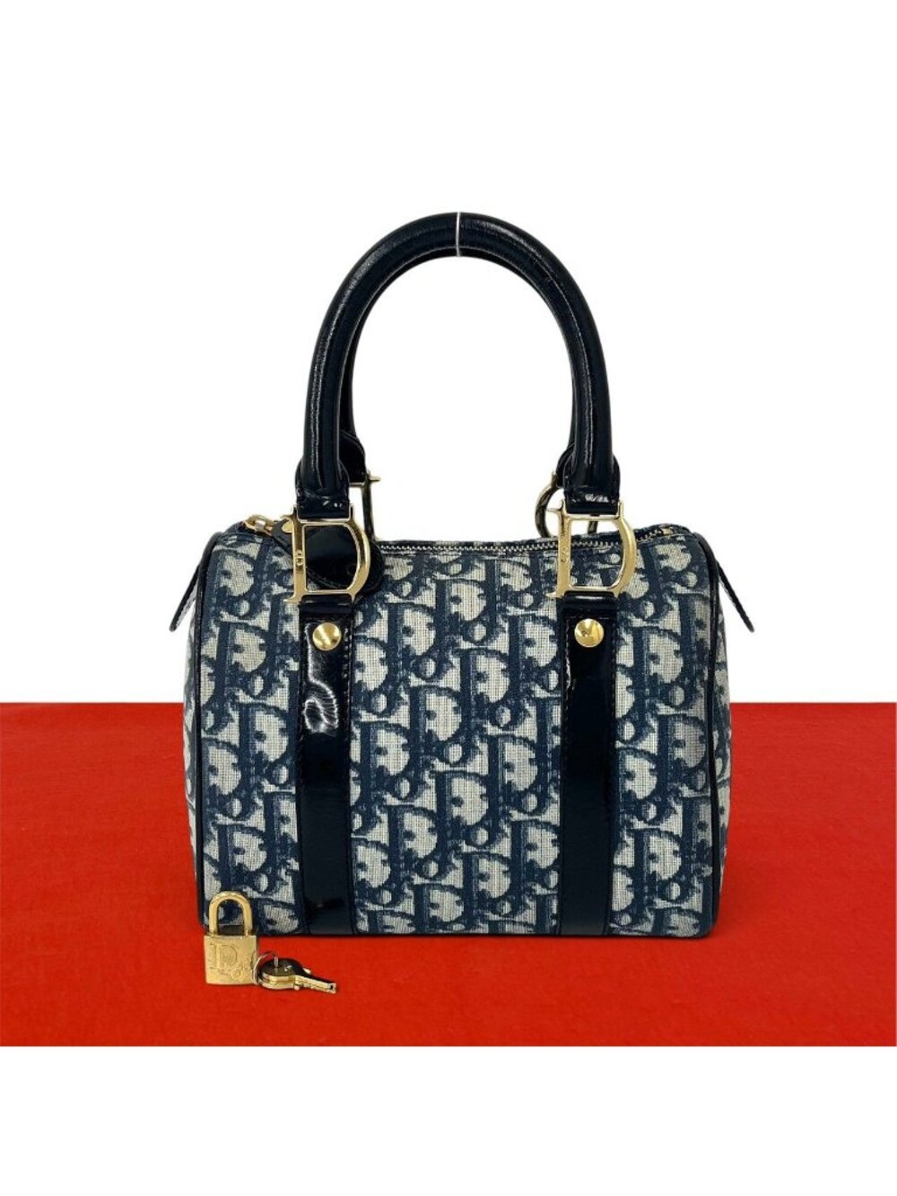 Dior Vintage Trotter Logo Leather Mini Boston Bag Navy